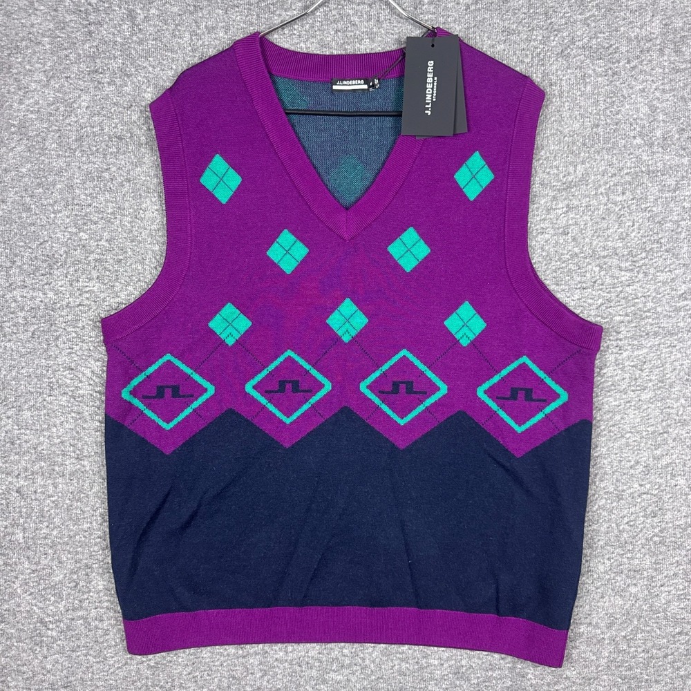 NEW J Lindeberg Argyle Sweater Vest Mens XL Purple 100% Merino Wool Gloxinia NWT